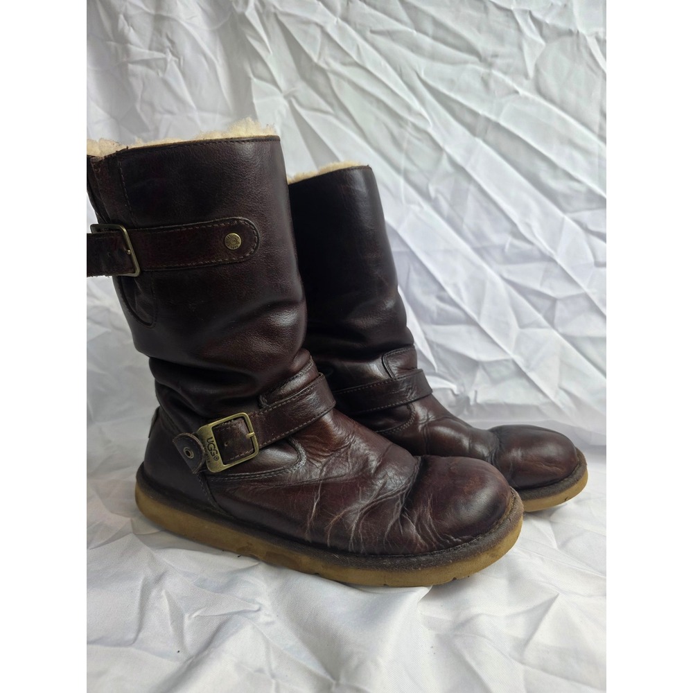 UGG Australia Brown Leather Moto Buckle Shearling Lined Boots Womens 9